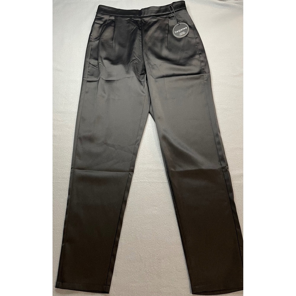 Heipeiwa Black Satin High Waisted Pleated Trousers Pants‎ Small NWT